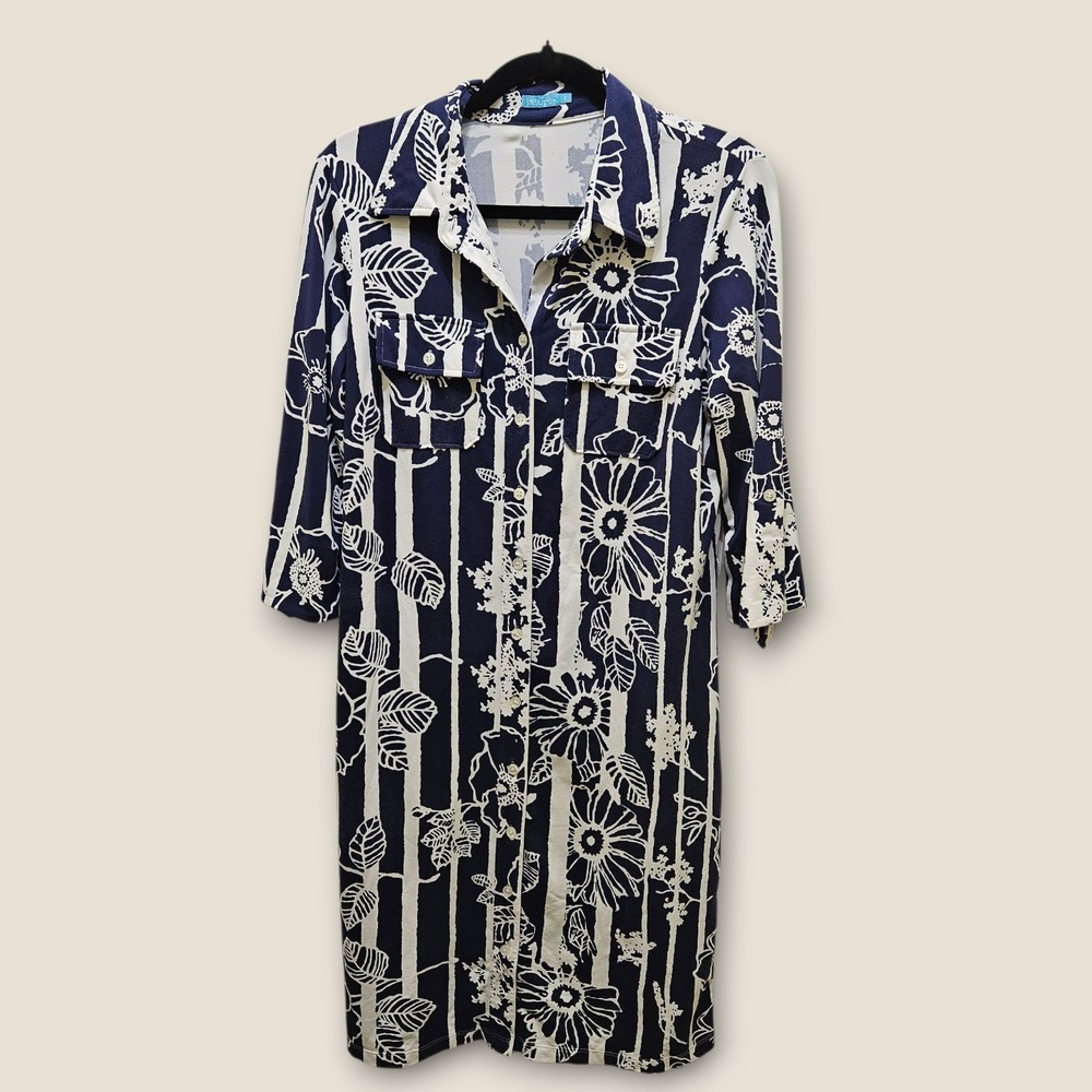 J.McLaughlin Navy Blue White Floral Stripe Shirt Dress Size S‎ Catalina Cloth